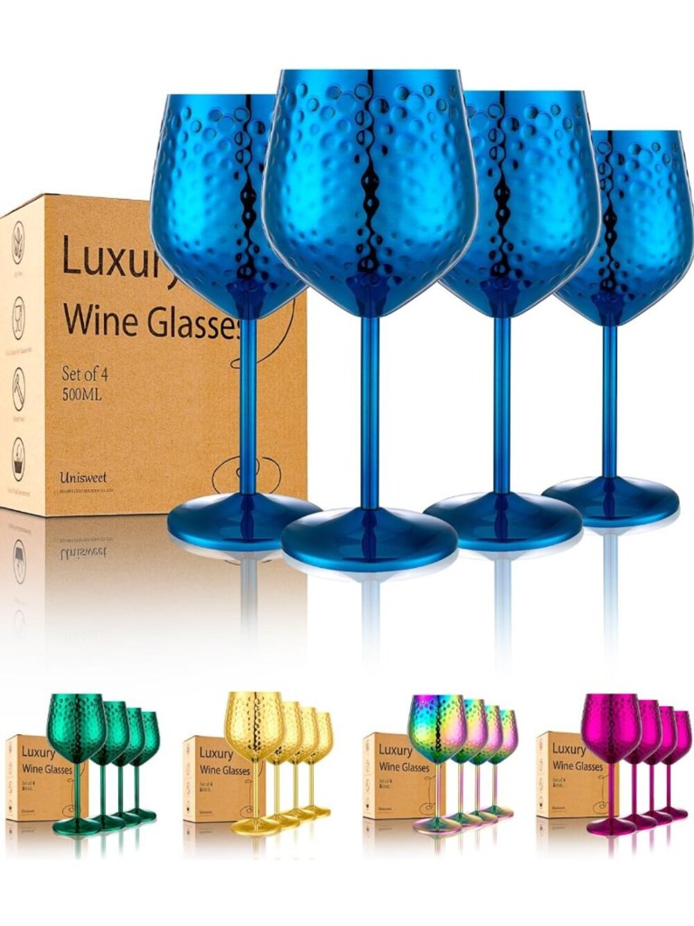 Set of 4 Unbreakable Stainless Steel Wine Glasses - Stylish & Durable (Blue)
